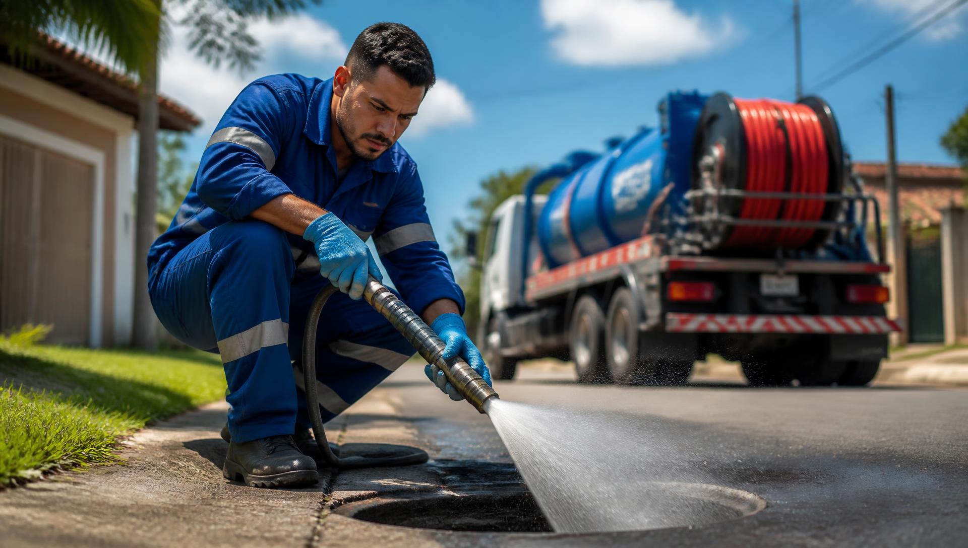 Técnico da Desentupidora Esgotec usando equipamento de desentupimento